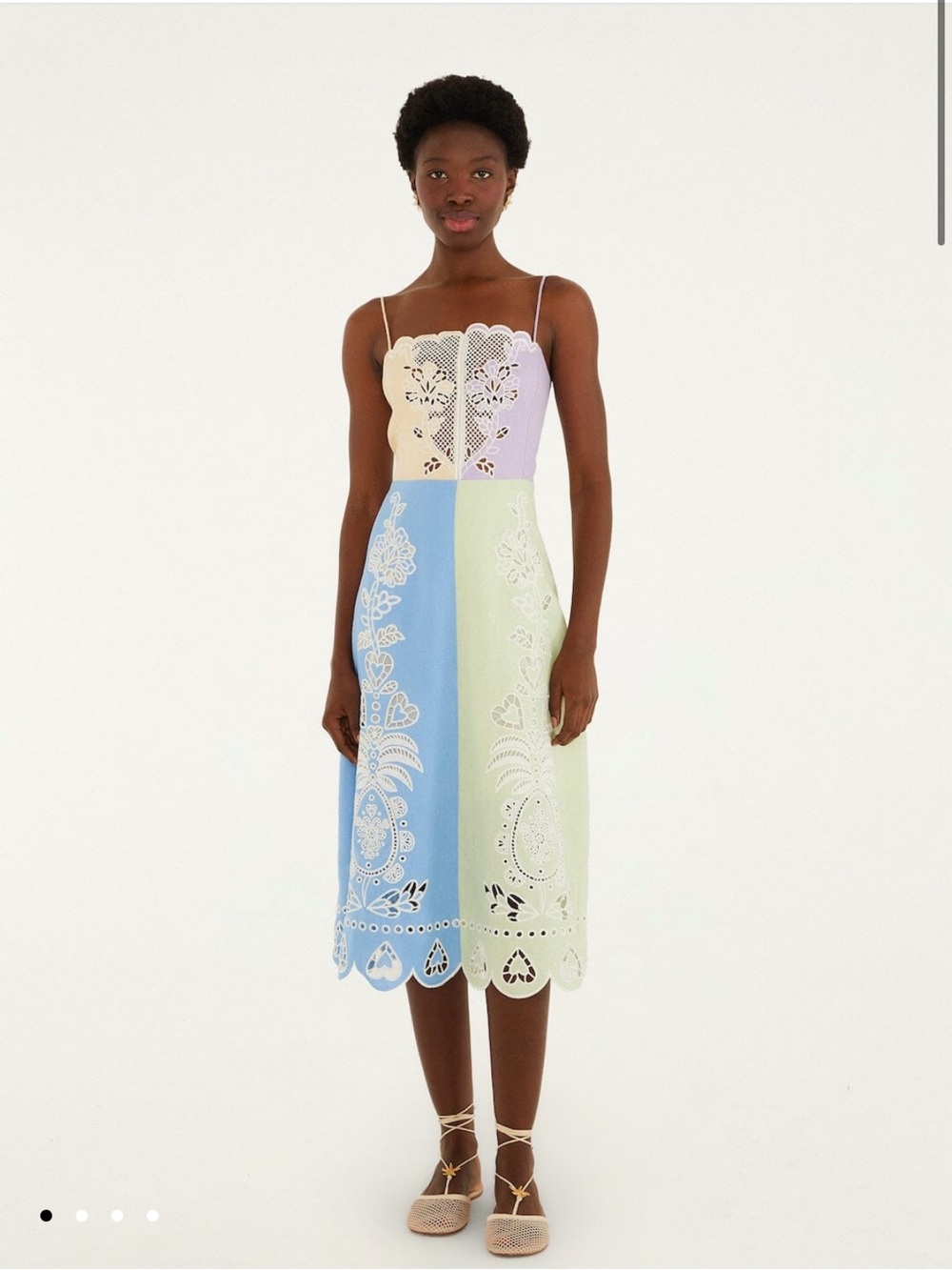 FARM Rio eyelet embroidered Colorblock blue green purple peach linen Midi Dress - Picture 13 of 14